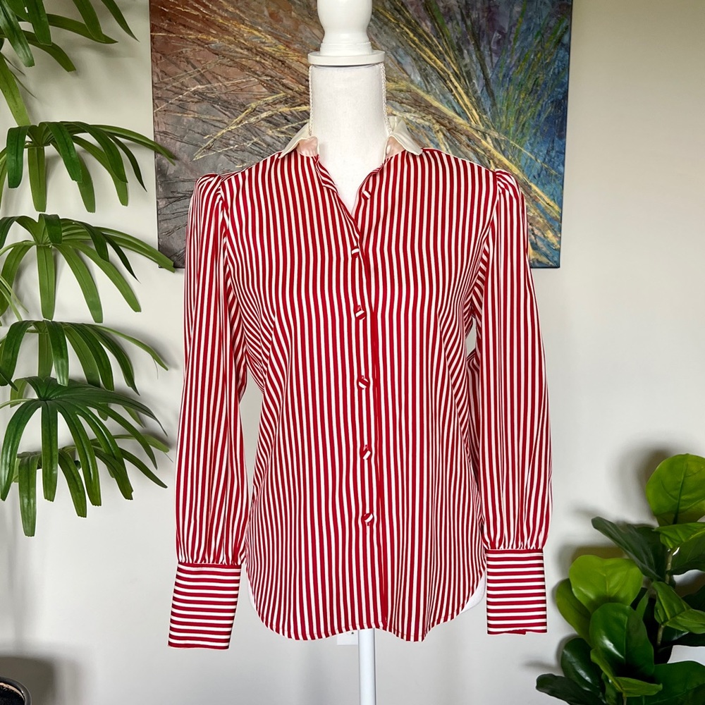 Vintage Red & White Striped Button-Down Blouse | Size 8